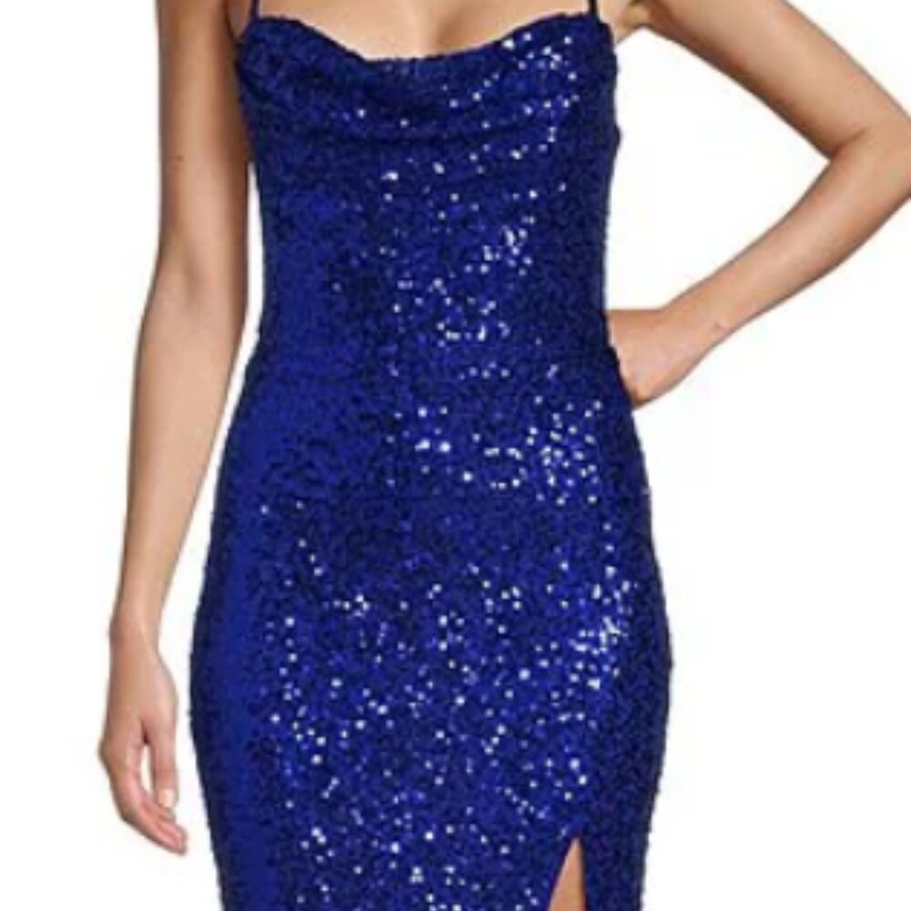 NWT B. Darlin Sequin Cowl Neck Cross Back Side Slit Long Dress 7/8